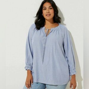 NWT Loft Plus Striped Peplum Back Blue White Stripe Ruffle Cuff Tie Front Blouse
